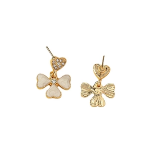 Enamel clover and heart rhinestone drop earrings in gold finish with dual-side view