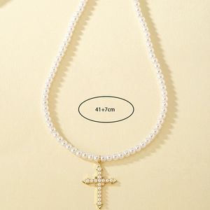 Minimalist pearl beaded necklace with a gold cross pendant, length 41+7cm extension