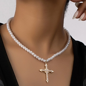 Cross Pendant Artificial Pearl Necklace Alloy Faux Artificial Pearls Vintage Elegant Adjustable Chain Religious Style For Women