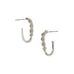 Polished silver twisted hoop earrings with textured braided metal design for women