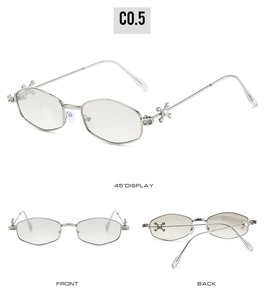 Detailed views of silver hexagonal metal glasses frame with rhinestone cross accents