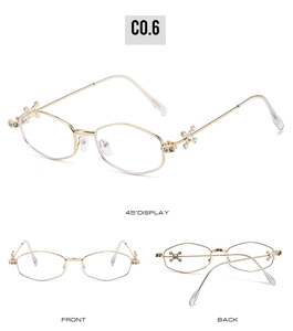 Multi-angle view of gold polygonal metal glasses frames with rhinestone cross hinge detail