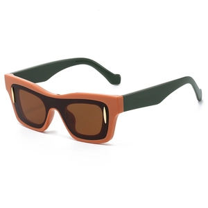 Classic square sunglasses with orange and dark green frame and brown lenses in a side view