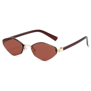 Retro polygon sunglasses with dark brown lenses and gold metal accents on white background