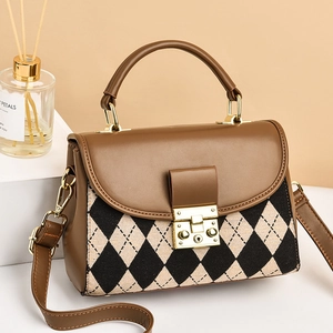 Retro Women Shoulder Crossbody Bag PU Leather Flap Handbag With Argyle Print Gold Lock For Casual Travel