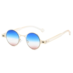 Retro oval silver sunglasses with pink-blue gradient lenses and a sleek metal frame
