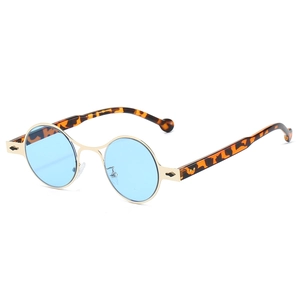 Oval silver metal sunglasses with light blue lenses and tortoiseshell temples for driving