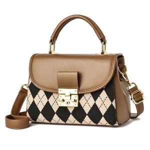 Vintage brown leather and checkered fabric crossbody bag with gold lock buckle hardware