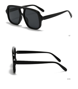 Detail view of double bridge aviator sunglasses showing 45-degree and side angles