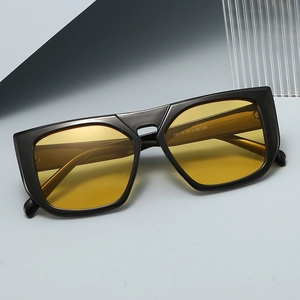 Retro square thick frame sunglasses with yellow lenses displayed at a 45-degree angle