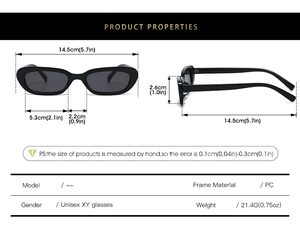 Detailed size chart for black oval sunglasses showing PC frame dimensions and weight