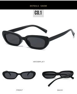 Three-angle views of retro oval sunglasses with black frames and dark grey lenses