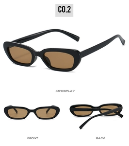 Detailed views of oval black frame sunglasses with brown lenses from three angles