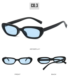 Multi-angle views of oval sunglasses with black frames and translucent blue lenses