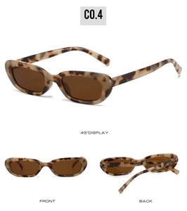 Three views of retro oval leopard print sunglasses with brown lenses and a small frame