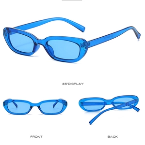Multiple views of blue oval sunglasses showing front, back, and 45-degree angles