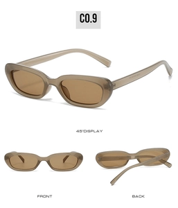 Detailed views of vintage oval sunglasses with translucent tea frames and brown lenses