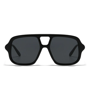 Modern black oversized sunglasses with a double-bridge frame and grey lenses on white background