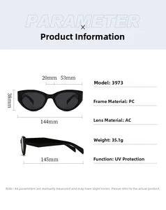 Detailed size specifications for polygon cat eye sunglasses showing frame dimensions and UV protection