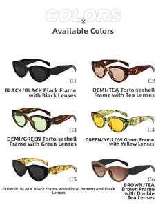 Detailed catalog showing six distinct frame and lens color options for cat-eye sunglasses
