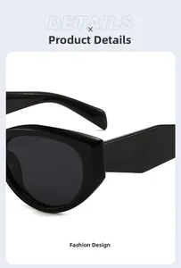 Detail shot of wide black temples and polygon cat-eye frames on stylish sunglasses