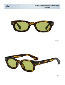 Vue détaillée de face et à 45 degrés de lunettes de soleil écaillées avec verres verts