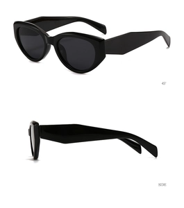 Detailed 45-degree and side view of cat eye sunglasses with thick black frames