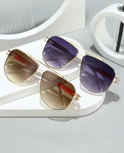 Detail of 2025 square metal frame sunglasses with gradient lenses on geometric stands