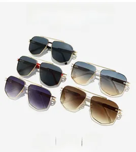 Detailed set of five metallic square sunglasses in grey, blue, purple, tea and brown lenses
