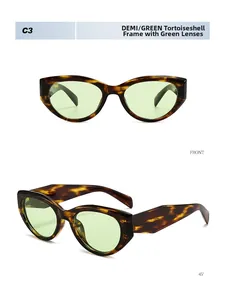 Detailed front and 45-degree views of demi cat-eye sunglasses with green lenses