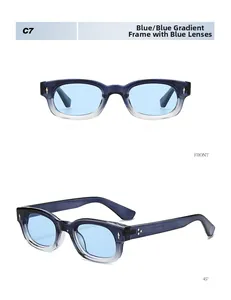 Détail des lunettes de soleil carrées en acétate bleu dégradé avec rivets flèche