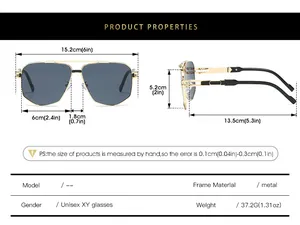 Size chart showing dimensions of metal square sunglasses for unisex casual style