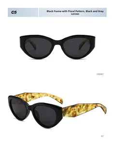 Detail of cat eye sunglasses featuring black frames and tortoiseshell flower pattern temples