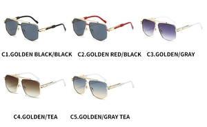 Detailed view of square metal frame sunglasses in multiple lens colors and gold finish
