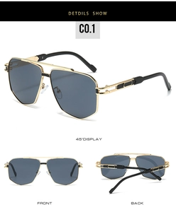 Detailed views of gold metal pilot sunglasses with dark grey lenses and double bridge