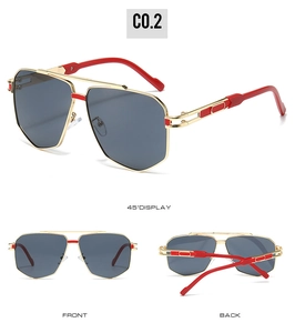 Detailed multi-angle view of square gold metal sunglasses with stylish red accents