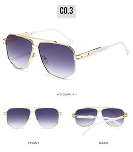Detail view of square gold metal sunglasses with purple gradient lenses showing multiple angles