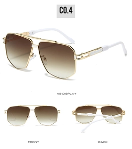 Three-angle view of gold metal square sunglasses with gradient brown lenses and white temples