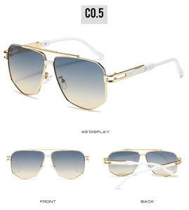 Three angles of aviator sunglasses with gold frames and blue-yellow gradient lenses