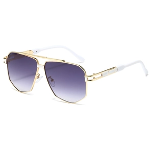 Square gold metal sunglasses with purple gradient lenses and white designer temples