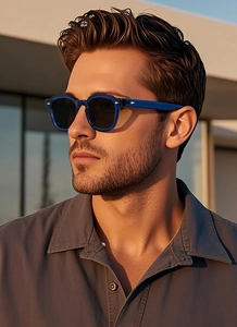Gros plan de lunettes de soleil carrées bleu foncé avec rivets métalliques emblématiques
