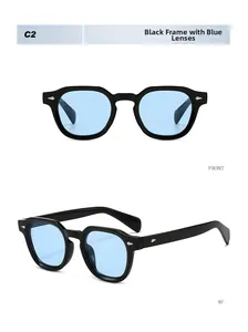 Vue détaillée de lunettes de soleil polygonales noires avec verres bleus et clous