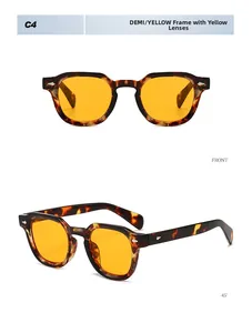 Vues de face et latérale de lunettes écaillées avec verres jaunes et détails de rivets