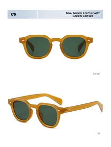Vue de face et à 45 degrés de lunettes de soleil ambre avec des verres vert foncé