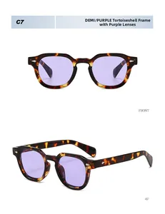 Détail de lunettes de soleil polygonales écaillées avec verres violets, vue de face