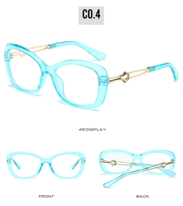 Three views of light blue transparent sunglasses with gold metal temples from various angles