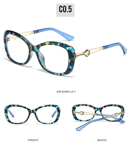 Detailed views of marble blue sunglasses frames with elegant hollow golden metal temples