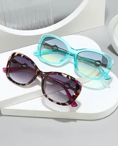 Close-up of tortoise and blue square sunglasses showing size specs and gradient lenses