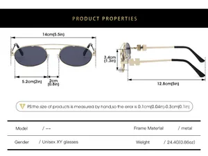 Detailed size guide for oval metal frame sunglasses showing frame and lens dimensions