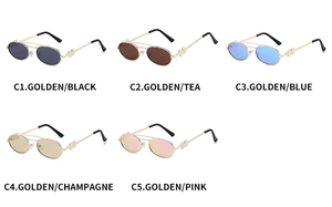 Detailed display of vintage oval metal sunglasses in black, brown, blue, and pink lens tints